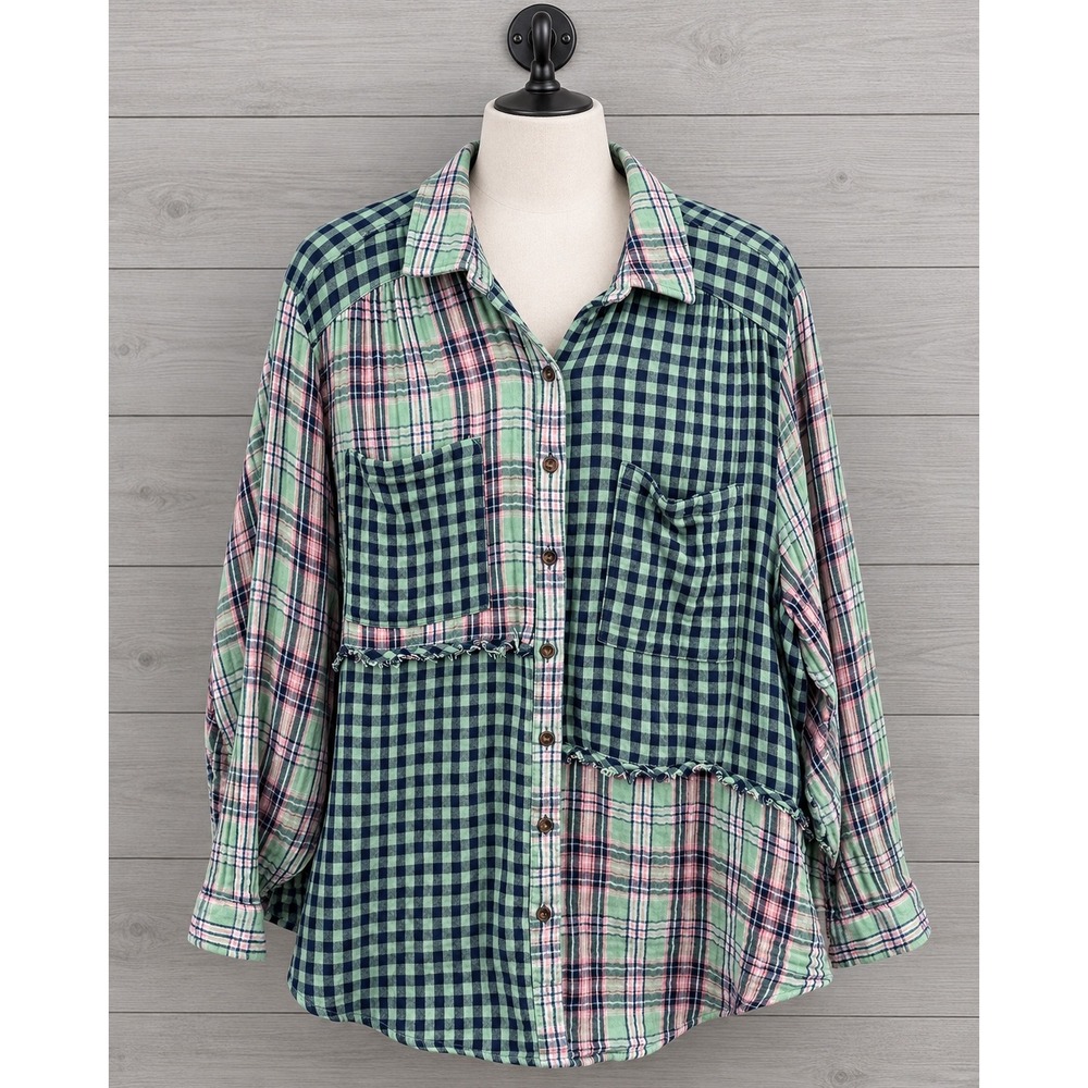 Organic Cotton Patchwork Plaid Button Down Shirt Raw Edge Size 3X Green Pink